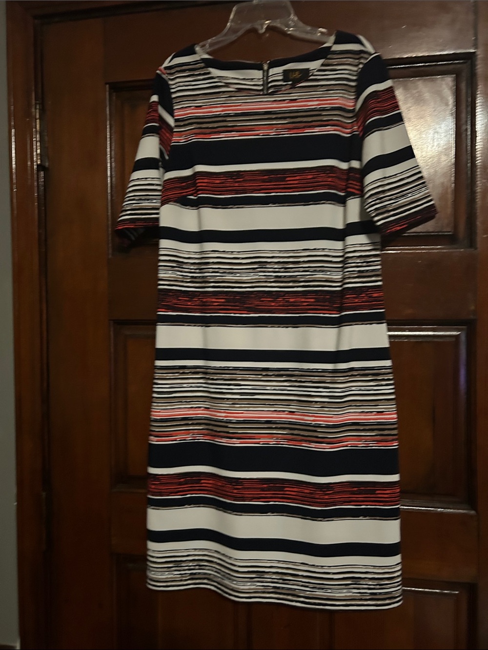 Striped Midi Shift Dress in White, Navy & Red